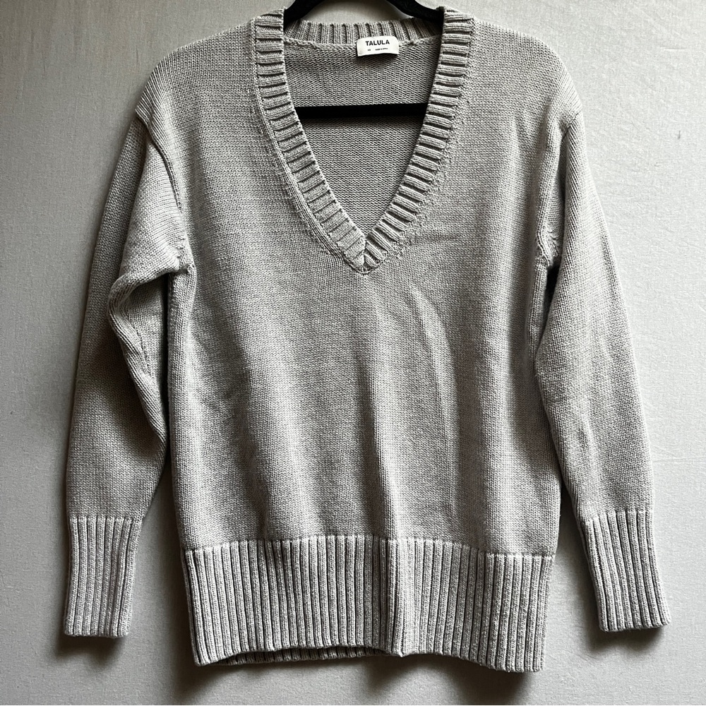 Talula Aritzia Cotton Merino Wool Light Gray V-Neck Knit Sweater Sz XS